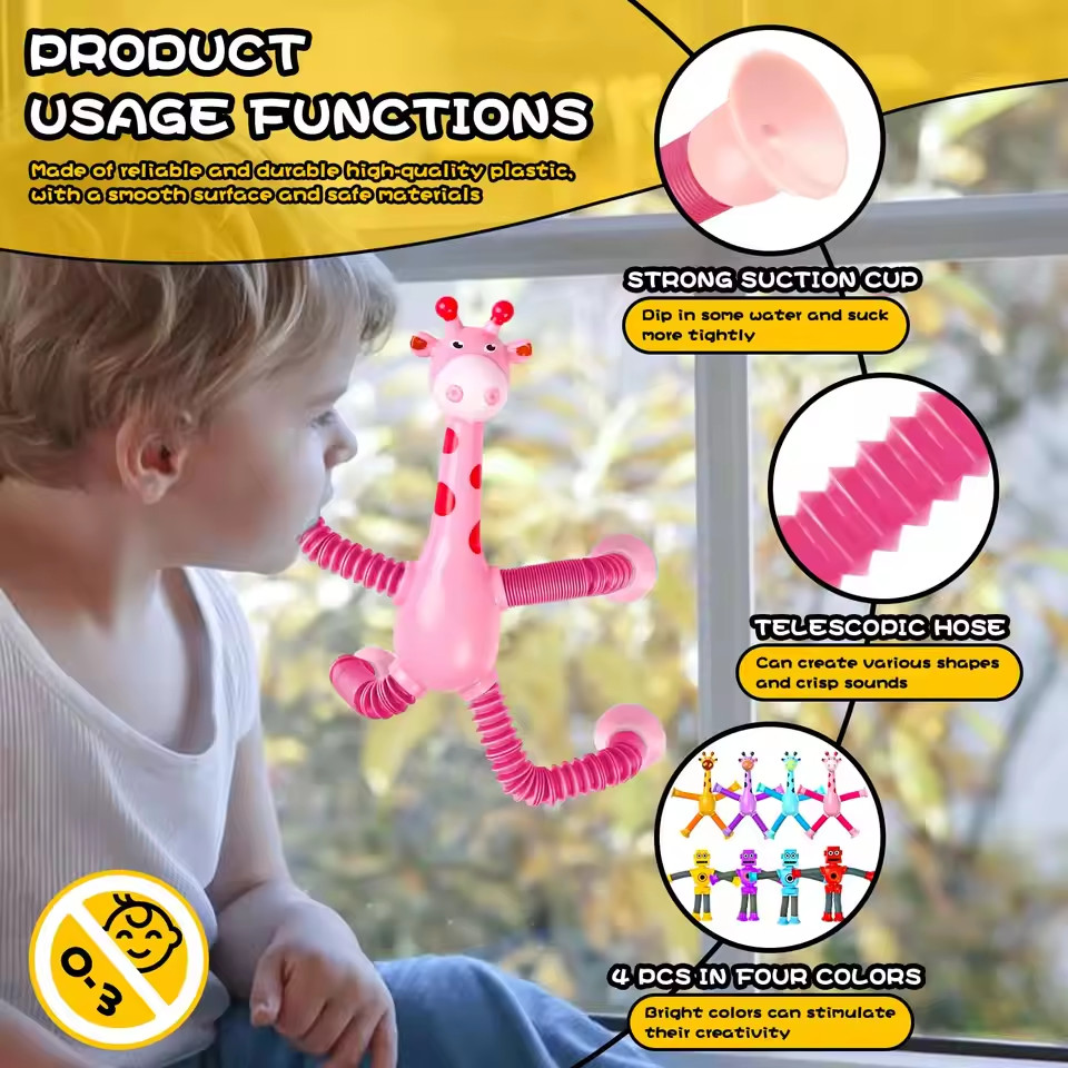 4PCS Suction Cup Giraffe Pop Tubes Fidget Toys Stress Relief Stretch Telescopic Suction Cup Sensory 