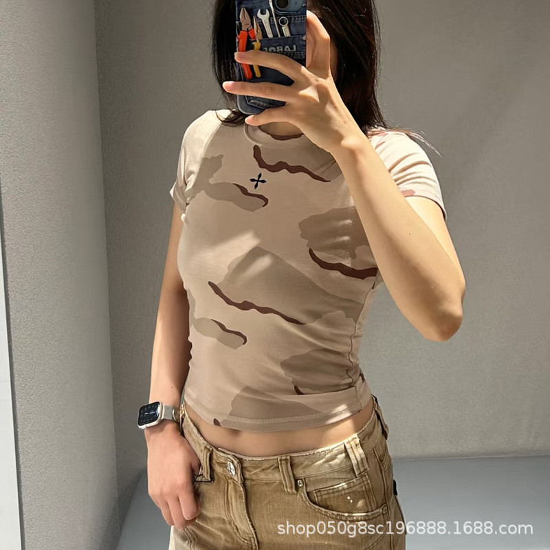 SMFK Cross Seal Slim Fit Sports Tee Snake Pattern Camouflage Slim Retro Sports Hot Girl T Shirt25Sum