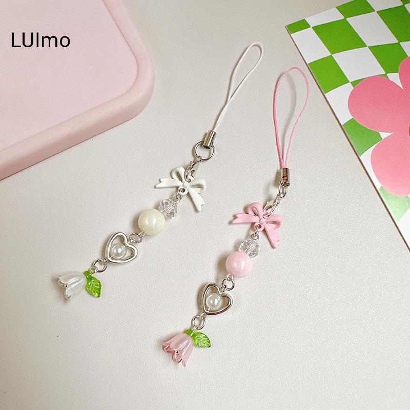 LUImo Nơ Lily Of The Valley Đính Hạt Dây Xích Điện Thoại Y2K Tươi Ngọt Móc Khóa Fower Mặt Dây Chuyền