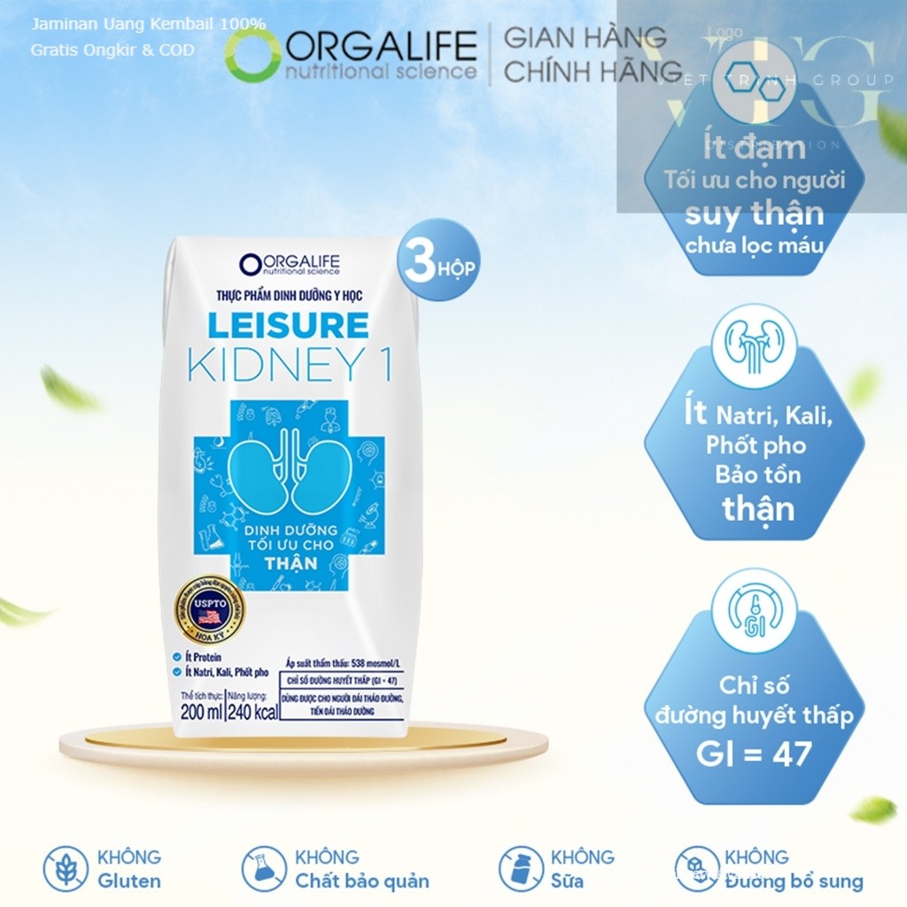 [Size mới] Lốc 3 Hộp LEISURE KIDNEY 1 (200ml/hộp)-Thực phẩm ddưỡng cho BN suy thận chưa chạy lọc máy