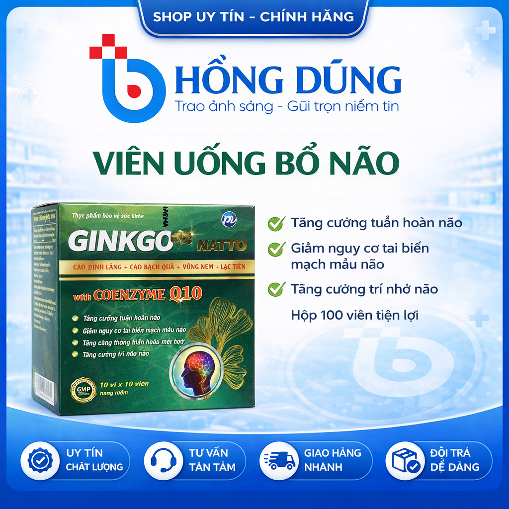 Viên Bổ Não PV Pharma Ginkgo Natto With Coenzyme Q10 Hỗ Trợ Giảm Đau Đầu, Chóng Mặt 100 Viên/Hộp