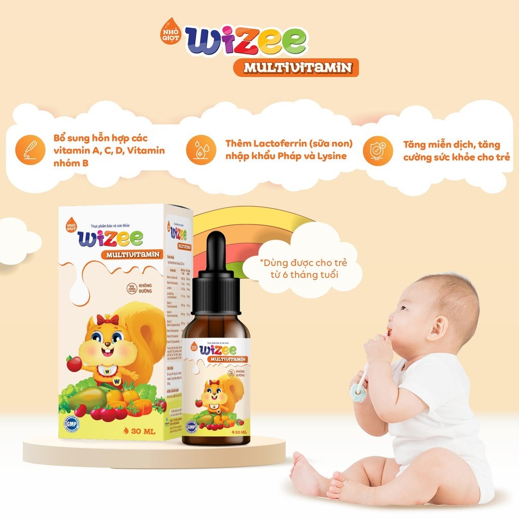Siro nhỏ giọt Wizee Multivitamin: Bổ sung hỗn hợp các vitamin nhóm B (B1, B6), vitamin C Hỗ trợ giúp