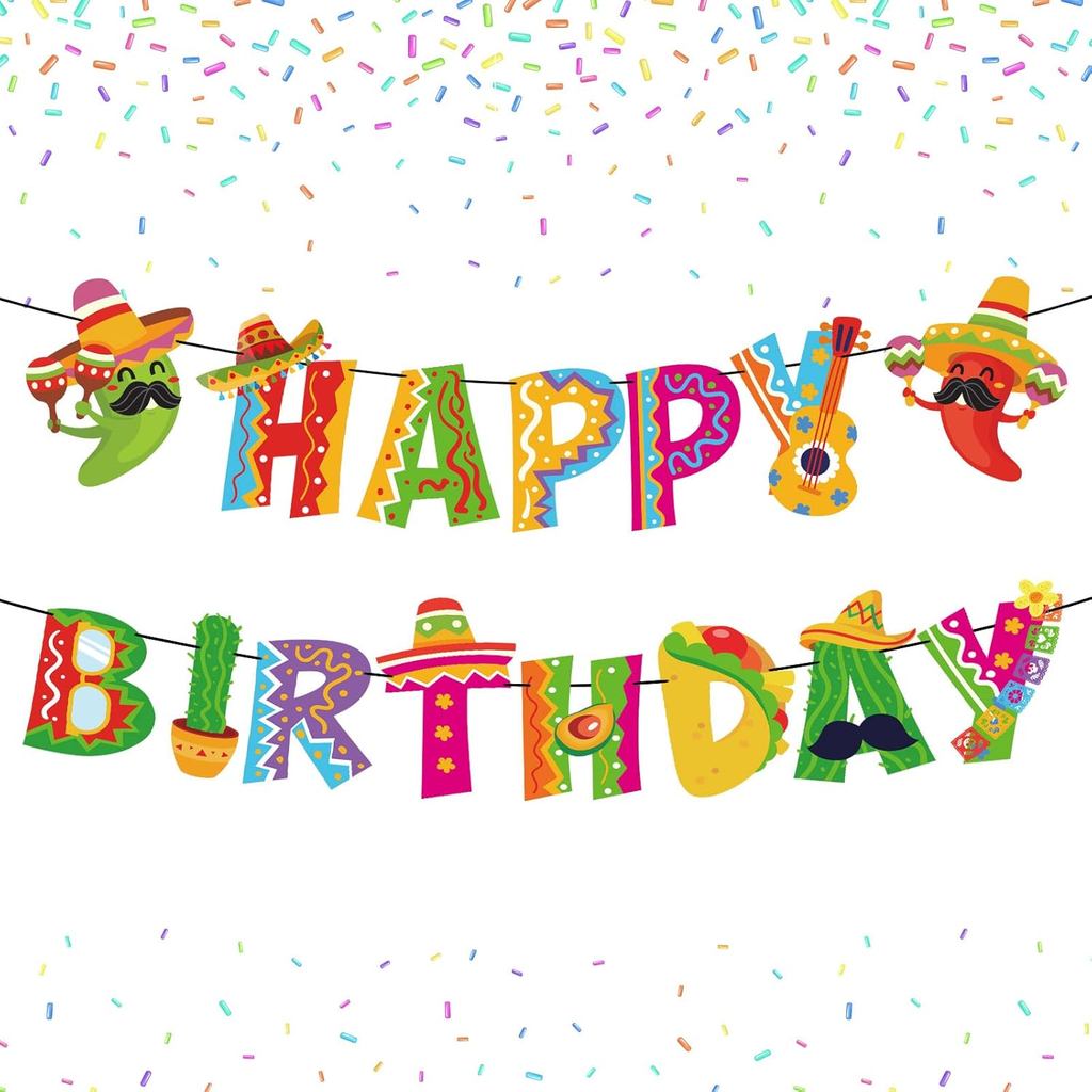 Whaline 2 Cái Biểu ngữ chúc mừng sinh nhật Mexico đầy màu sắc Lễ hội sinh nhật Bunting Vòng hoa Cinc