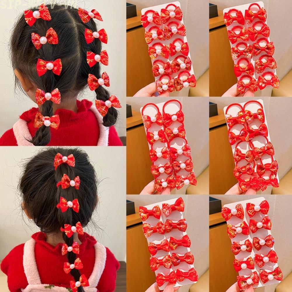 {WELV}New Year Red Festive Bow Hair Ties for Girls 10 Pack Non Slip Hair Accessories