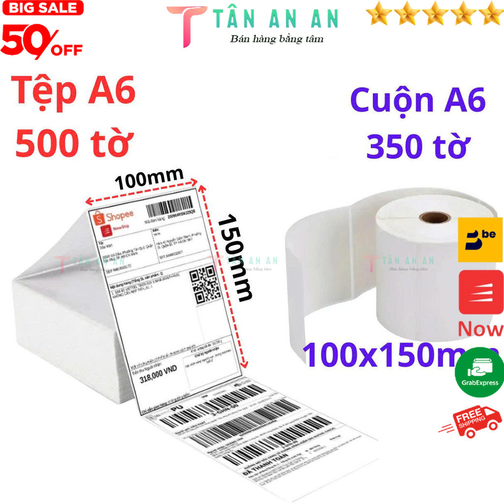 Giấy In Nhiệt 100x150 Khổ A6 Tệp 500 Tem, Cuộn A6 100x150 350 tem Sẵn Lớp Dán Đơn hàng Shopee