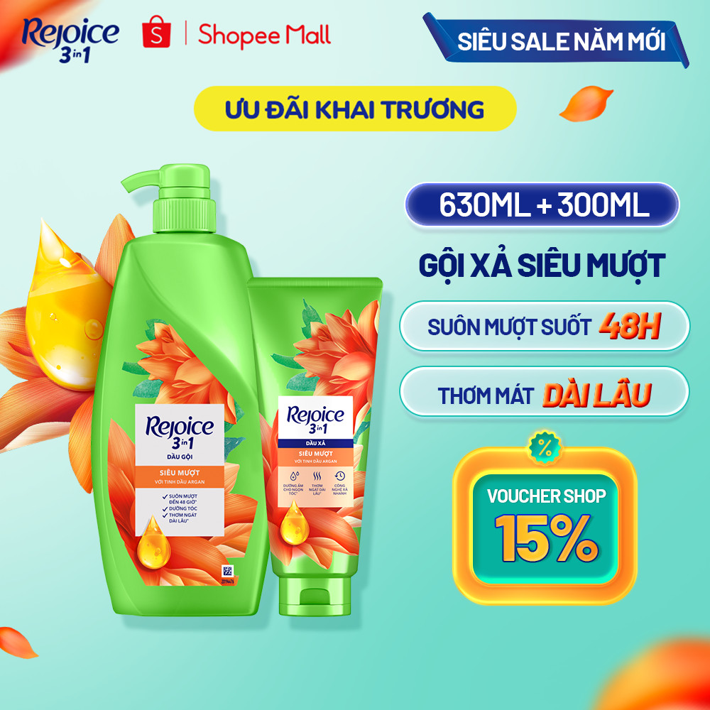 [REJOICE] Combo REJOICE Dầu Xả Siêu Mượt Chai 300ML + Dầu Gội Siêu Mượt Chai 630ML