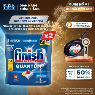  Combo 2 Túi Viên Rửa Chén Bát Finish Powerball Quantum Powerful Clean & Shine 64 viên 