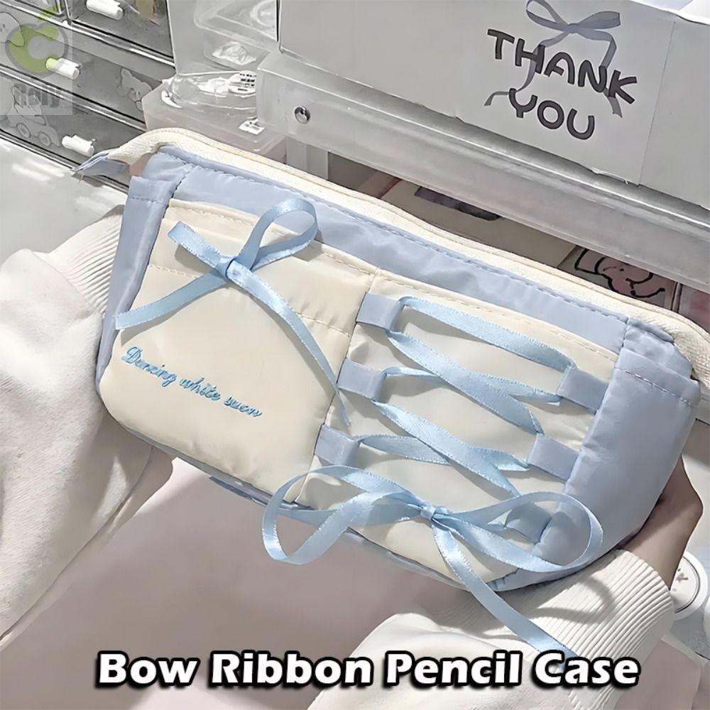 Túi đựng bút ROLY, Nơ Ribbon Bút chì dung lượng lớn, Túi văn phòng phẩm phong cách múa ba lê màu xan