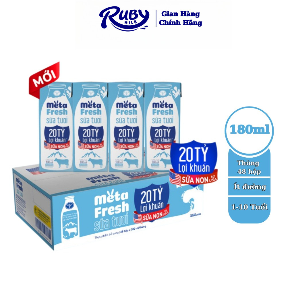 Sữa tươi 180ml Nutricare Meta Fresh lợi khuẩn Ít Đường sữa non tăng cường miễn dịch, đề kháng