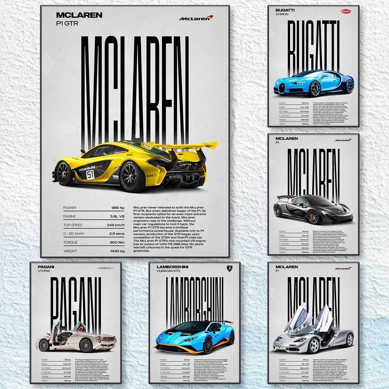 Sang Trọng Siêu Xe Mclaren P1 GTR Poster Không Khung Chống Thấm Nước HD Canvas In Nhà Để Xe Nghệ Thu