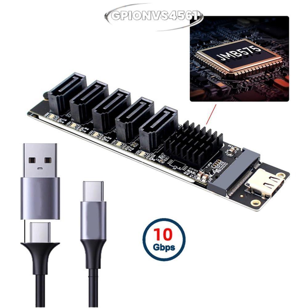 GPIONVS4561 PCI-E Riser, Bộ chuyển đổi 5 kênh 6Gbps Type C sang SATA, Plug and Play JMB575 Bộ chuyển