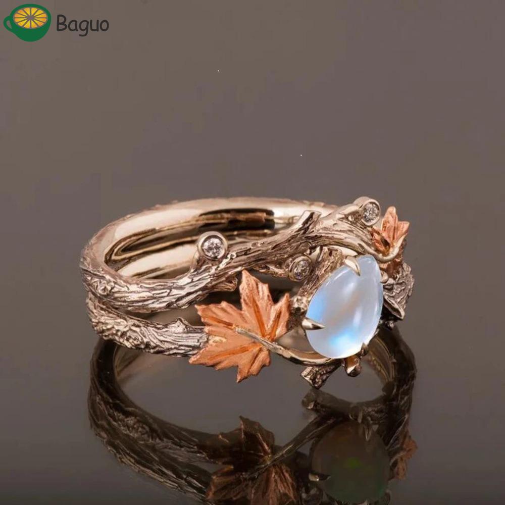 Nhẫn đá mặt trăng Baguio, thiết kế cổ điển lấp lánh với họa tiết lá phong retro - Trang sức ngày lễ