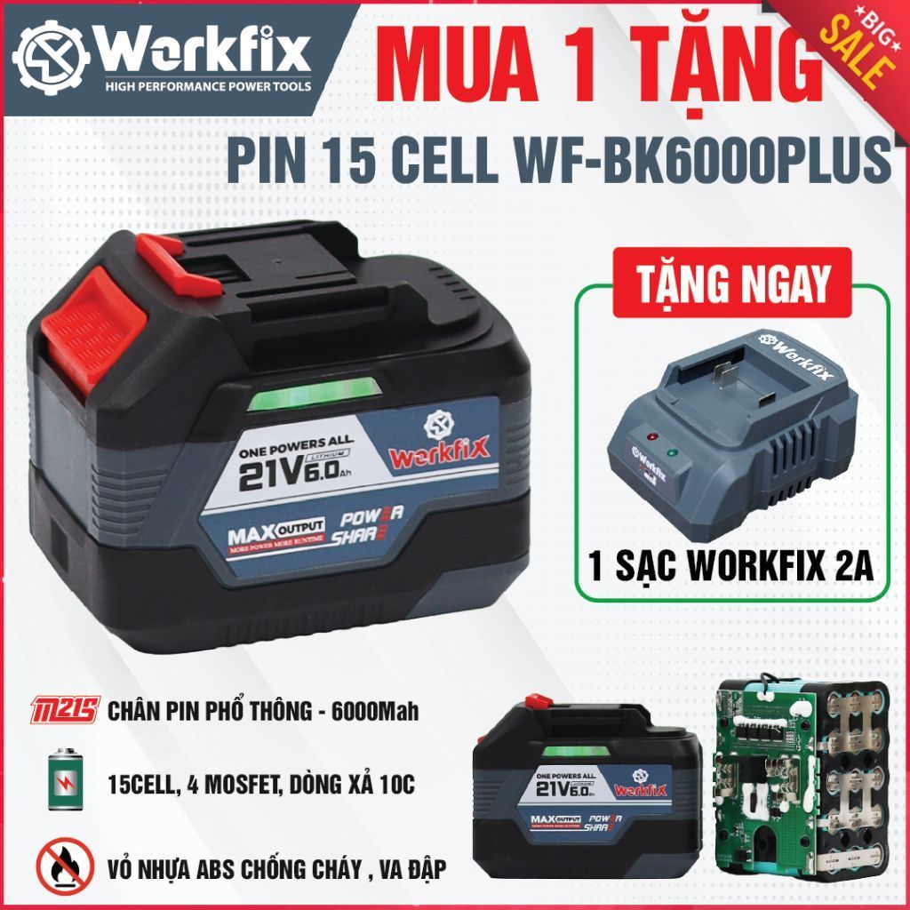 Pin WORKFIX WF-BK6000PLUS 15 CELL 6AH - Mạch 4 Mosfet, Dòng xả 10C, Chân pin phổ thông, Vỏ ABS chống