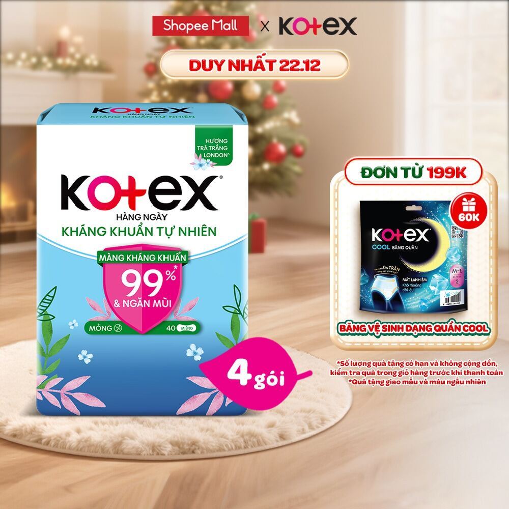   Live Độc Quyền  Combo 4 gói băng vệ sinh Kotex hằng ngày kháng khuẩn không cánh  40M gói  