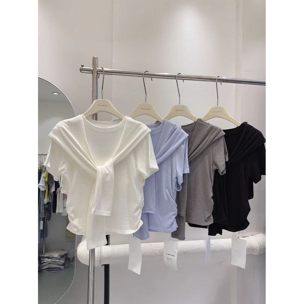 Modal Thiết Kế Sense Niche Khăn Choàng Giả Hai Mảnh Áo Thun Nữ Tay Ngắn Top Giảm Tuổi Màu Trơn Ngắn 