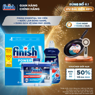  Combo Finish tiện lợi 4: Hộp 100 Viên Rửa Bát Essential + Nước Làm Bóng Finish 500ml +Dung Dịch Vệ Sinh Máy Finish 250ml 