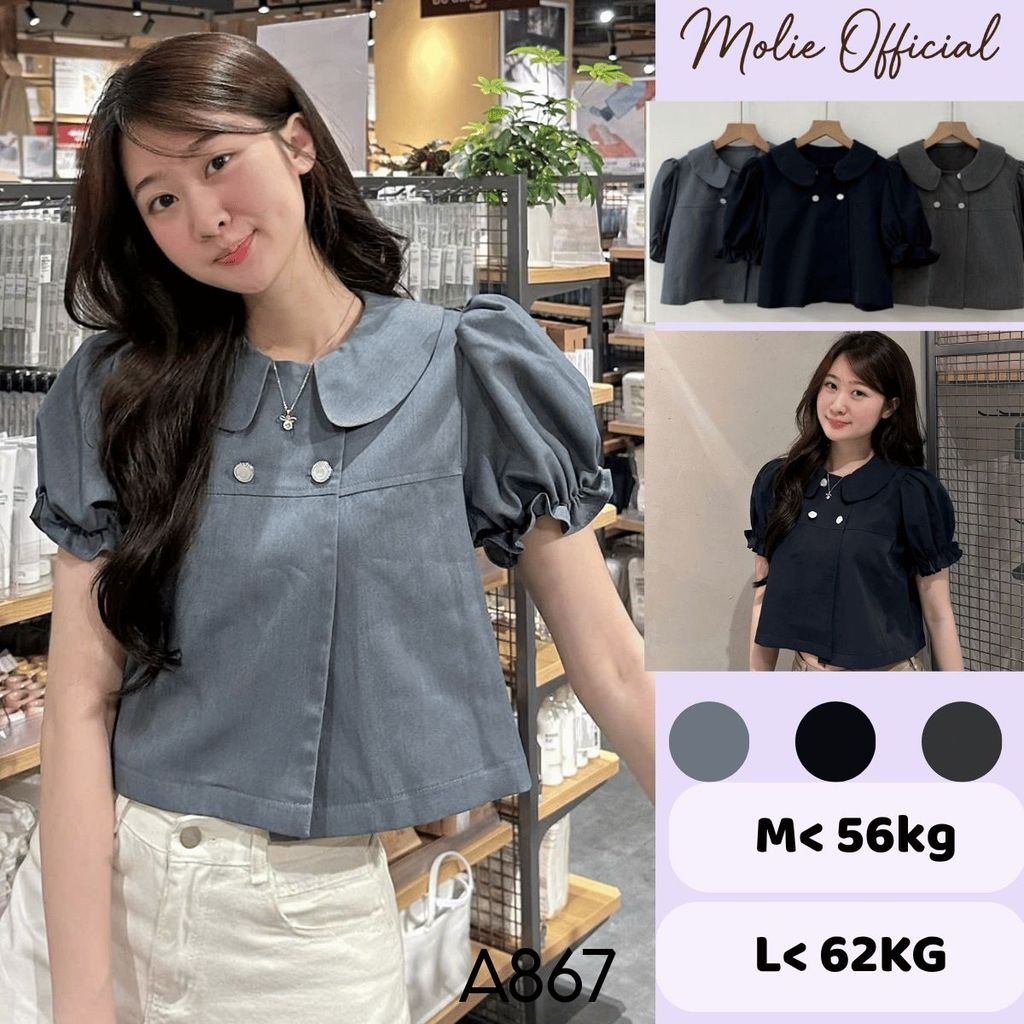 Áo Sơmi Cổ Sen Tay Bồng Chun Cúc Ngọc Dáng Croptop A867 Molie official Thời Trang Nữ