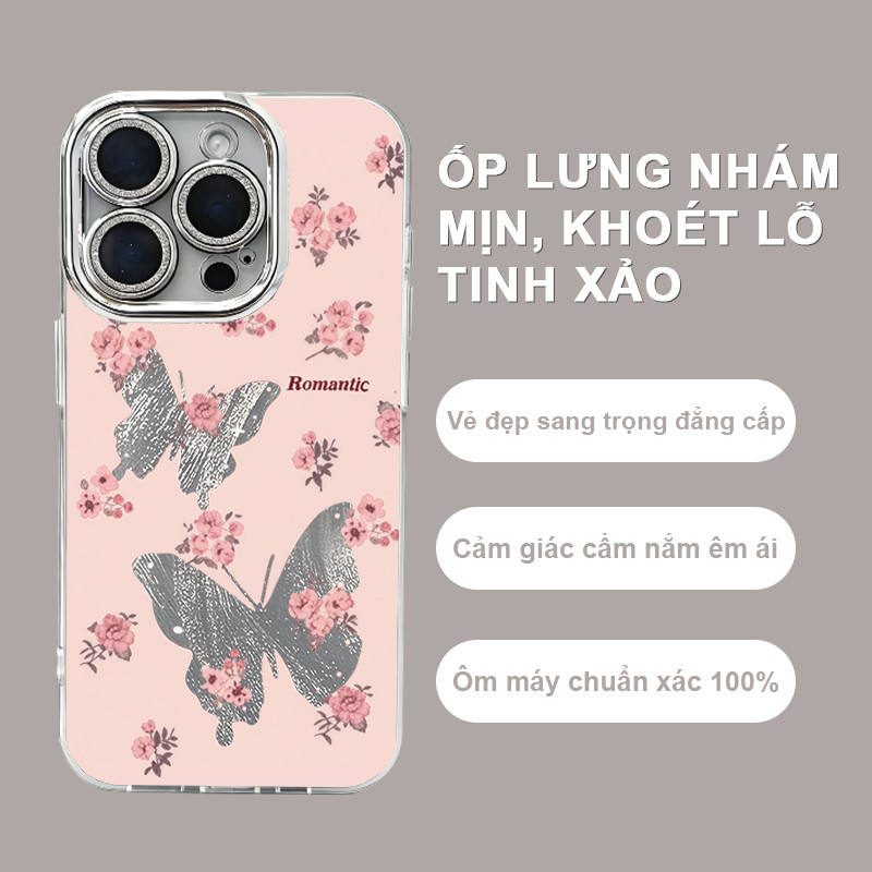 Ốp Lưng iPhone Bướm Đen Hoa Hồng Romantic,Nền Hồng Nhẹ  iP 11/12/13/14/15/16/17/Plus/Air/Pro/Max