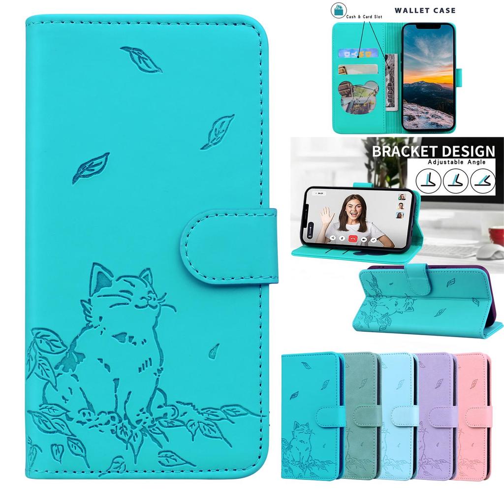 Ốp điện thoại dạng ví dập nổi hình mèo dễ thương cho Samsung Galaxy F20 F21 F23 F24 FE 5G Bao da lật