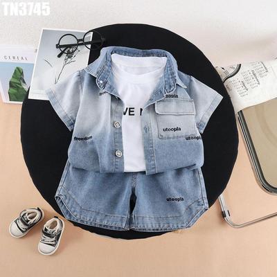 Set Quần Áo Bé Trai Mùa Hè Áo Khoác Denim Cộc Tay Áo Thun Quần Jean Sành Điệu MINTSCLOSET TN3745