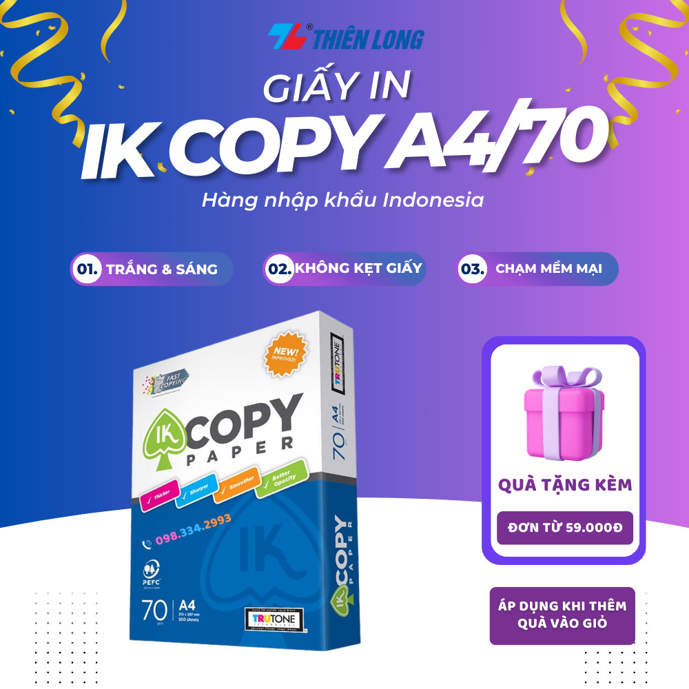 Combo 10 ream giấy A4 Thiên Long IK Copy 70/80gsm - Thùng giấy in A4 10 ream 500 tờ đều màu