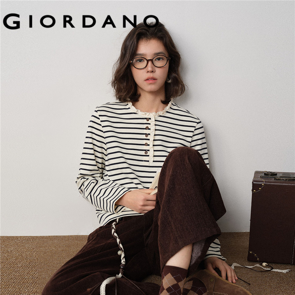 GIORDANO WOMEN 100% Cotton ruffle trim henley neck t-shirt 18325223