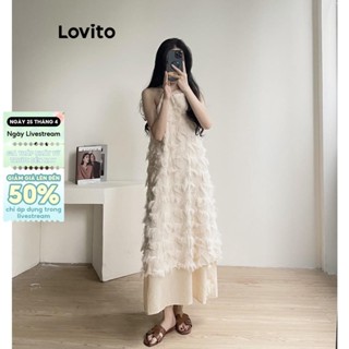 Lovito - Đầm Phối Lông Vũ Buộc Dây Sau Lưng Màu Trơn Boho L53AD104 (Màu Mơ)