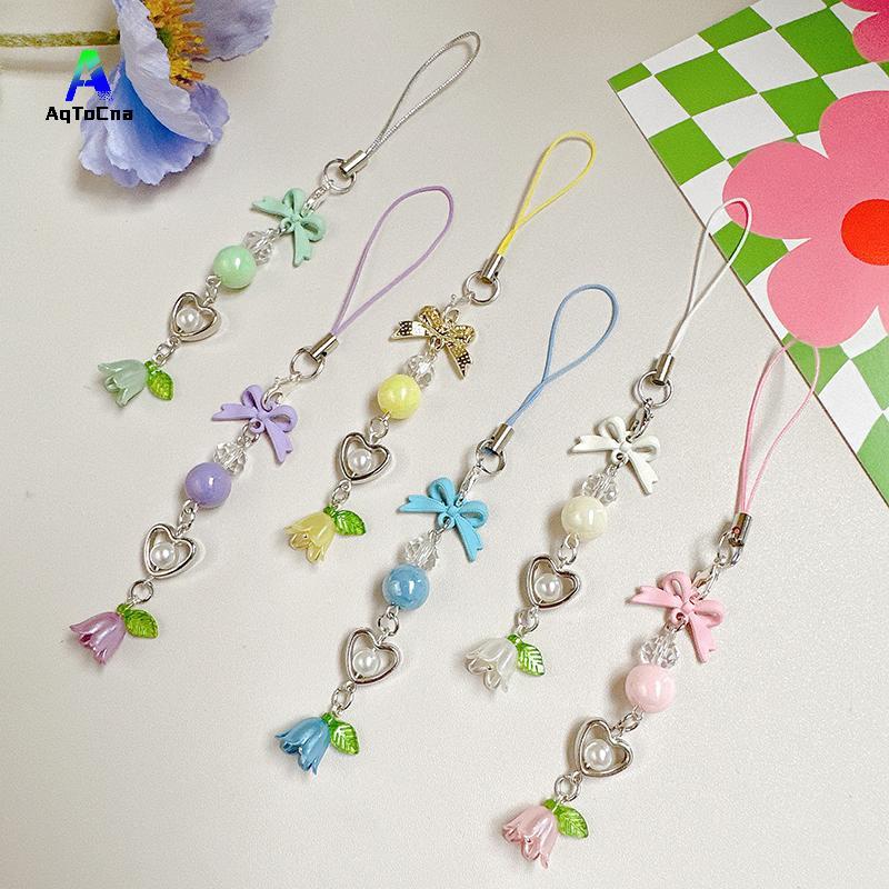 (AqToCna) Nơ Lily Of The Valley Đính Hạt Dây Điện Thoại Y2K Tươi Ngọt Móc Khóa Fower Mặt Dây Chuyền 