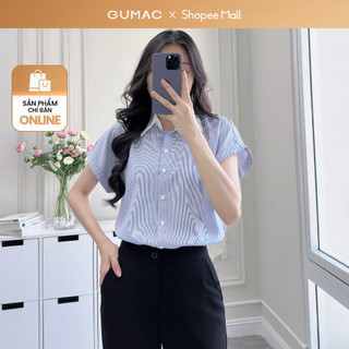  Áo sơ mi nữ GUMAC sọc xanh vải cotton mềm mịn thoáng khí tay liền cổ phối  LAF0322 