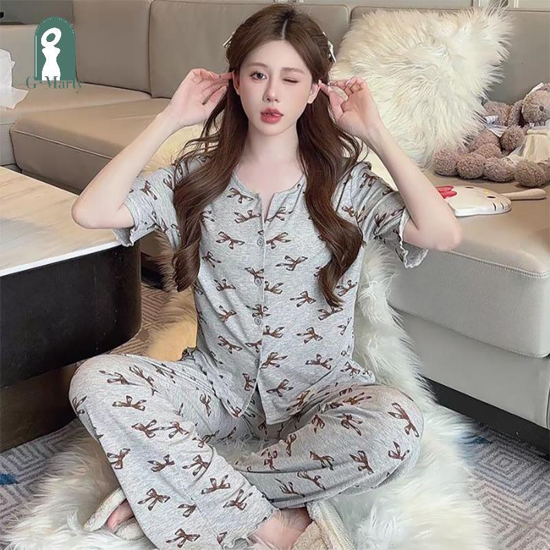 Gmarty Bộ Đồ Ngủ Dễ Thương Cardigan Nơ Áo Ngắn Tay