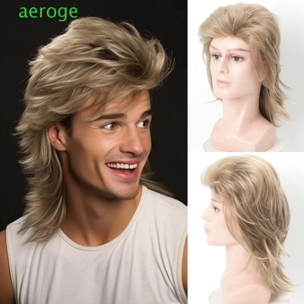 AEROGEM Tóc giả Mullet Nam Retropunk, Style 70s-80s, Tóc xoăn thực tế cho cosplay và thời trang
