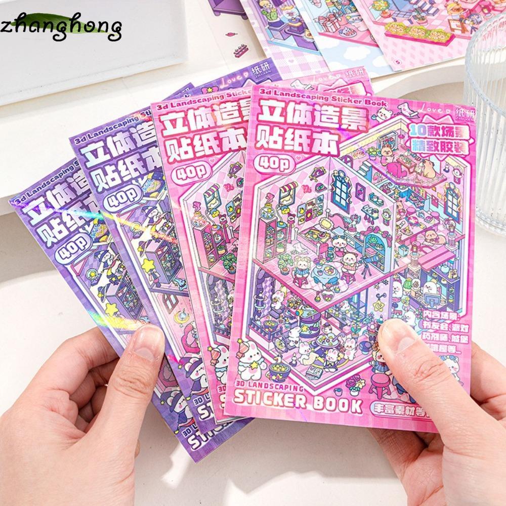 ZHANGHONG Cabin Scene Pocket Sticker, Sách dán phong cảnh hoạt hình DIY, Nhà thu nhỏ PET Sticker Cab