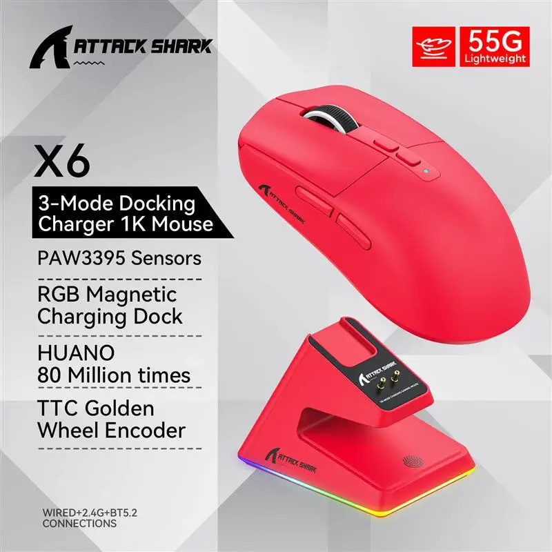 2025 Attack Shark X6 PAW3395 Chuột Bluetooth, Kết nối ba chế độ, Đế sạc từ tính cảm ứng RGB, Chuột c