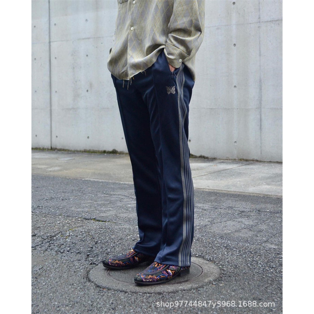 IJIC Needles Street-style retro webbing school uniform pants, dark blue unisex straight-leg solid co