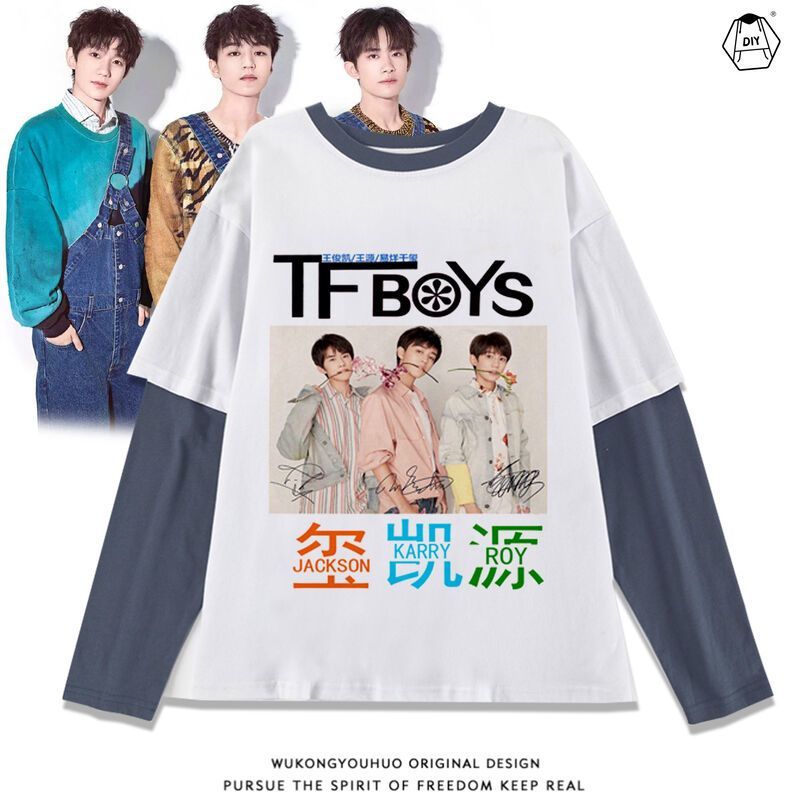 Tfboys Yi Yang Qianxi Wang Junkai Wang Yuan Cùng Phong Cách Quần Áo Ngôi Sao Hàng Hóa Áo Thun Dài Ta