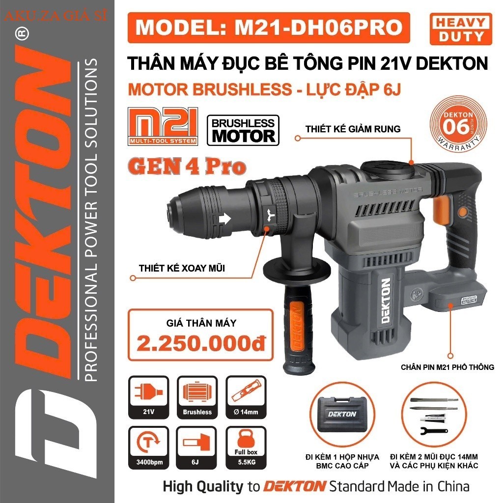 Máy Đục Bê Tông Pin 21V DEKTON M21-DH06PRO Gen 4 Lực Đập 6J - akuza giá si