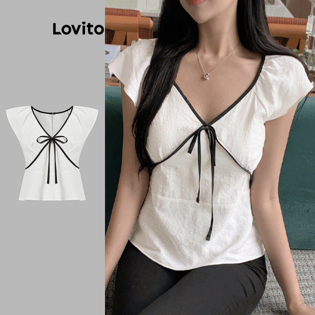 Lovito Áo cánh Elegant Bow Front Criss Cross Colorblock mùa hè dành cho nữ L95ED504