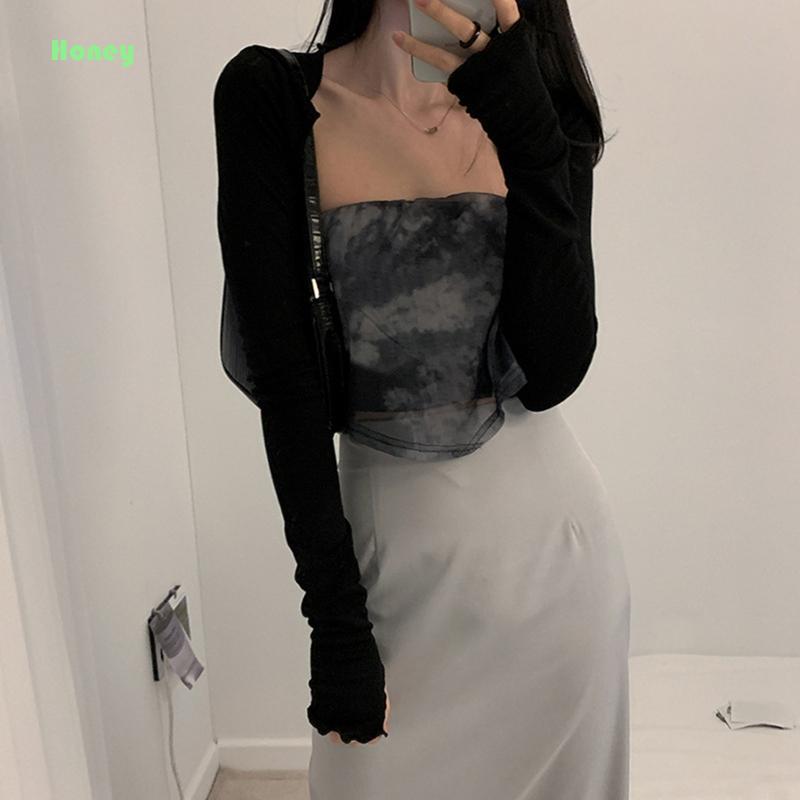 Mật Ong Bolero Shrug màu trơn mở phía trước, chống nắng