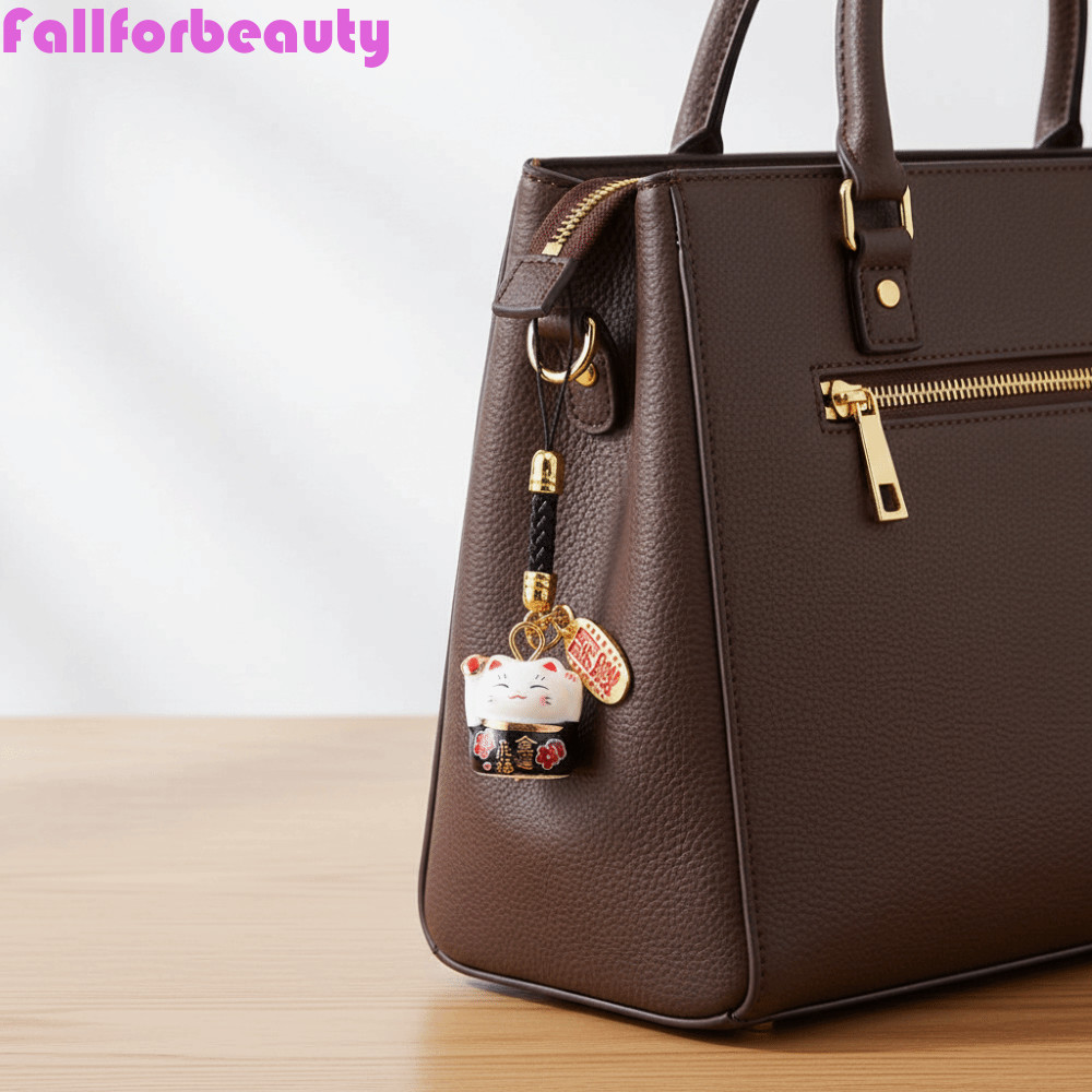 FALLFORBEAUTY Dây chuyền điện thoại Maneki Neko, Bùa điện thoại mèo may mắn bằng gốm kim loại may mắ