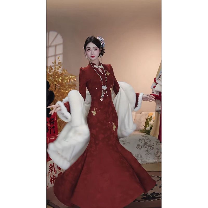 Váy sườn xám màu đỏ Akabane Linglong, phong cách cổ điểnjacquard, phù hợp cho năm mới