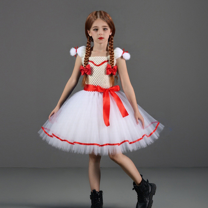 Tuyển dụng Linh hồn 4 Annabelle cos Trang phục Halloween Trẻ em cosplay Kinh dị Ma Búp bê Váy trắng