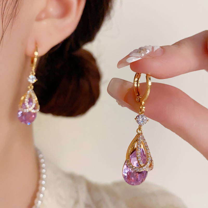 Bộ Tai Nghe Zircon Tím Giọt Nước Dài, Kiểu Dáng Sang Trọng - KAI2