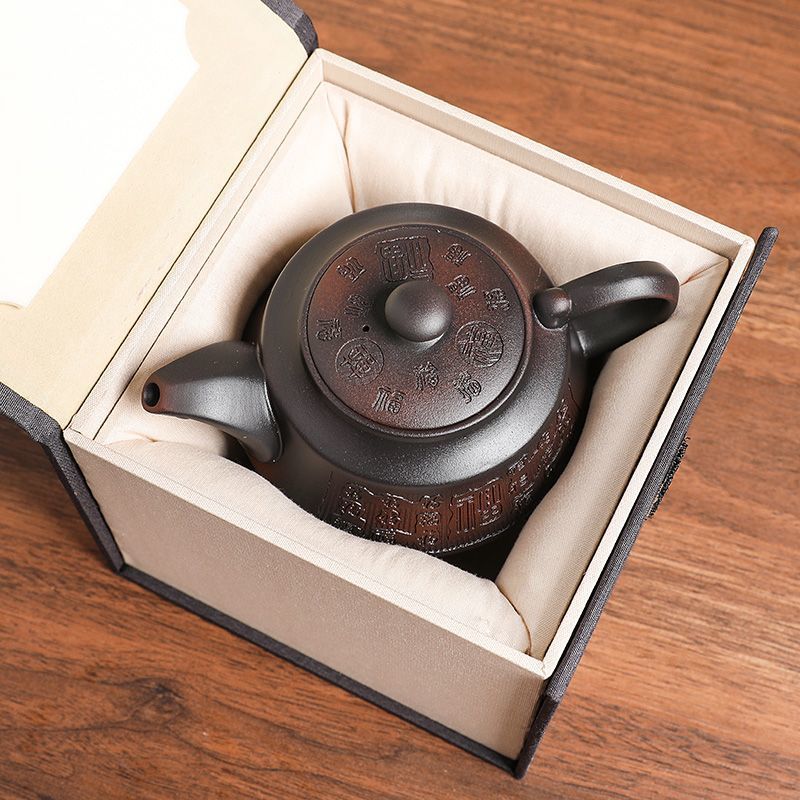 Chính Hãng Màu Tím Gốm Baifu Tốt Lành Ấm Trà Nhảy Dao Họa Tiết Fukui Ấm Trà Retro Kích Thước Lớn Gốm