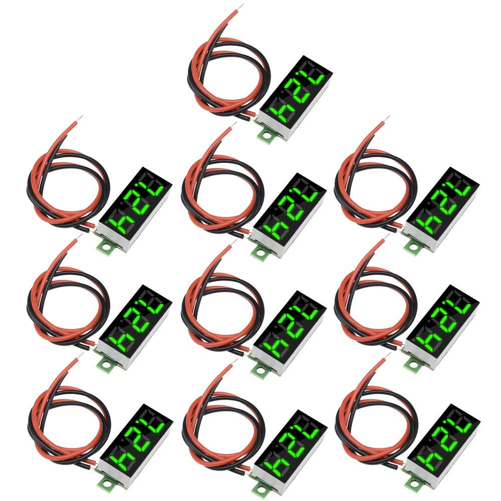 Diymore 10 Chiếc Mini Đồng Hồ Đo Điện Áp Kỹ Thuật Số DC 2.5 ~ 30V 0.28 "2 Dây Kỹ Thuật Số Vôn Kế Máy Đo Máy Đo Đèn LED Xanh Bảng Hiển Thị Gắn Xe Máy Màn Hình Pin Led