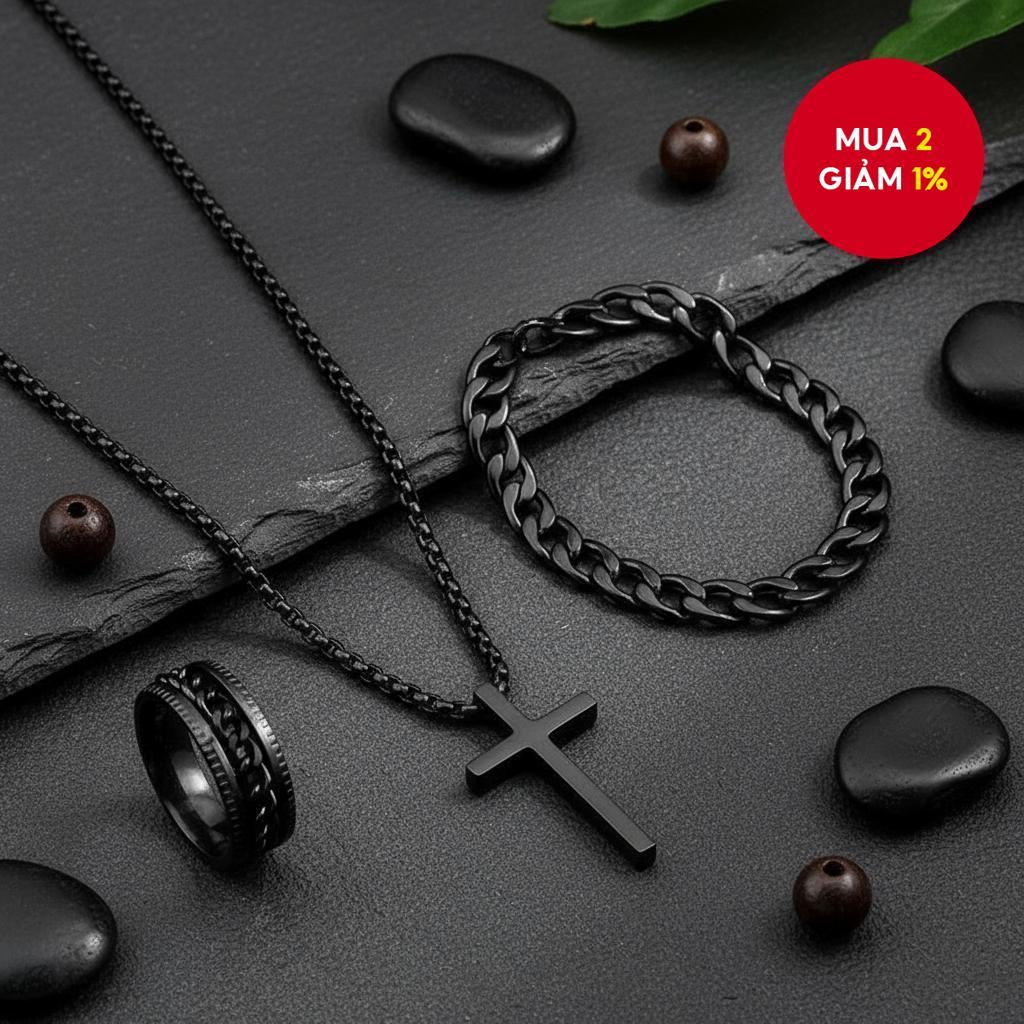  Bộ 3 món dây chuyền, vòng tay và nhẫn mặt thánh giá phong cách Gothic, chất liệu titan, kiểu Cuba, quà tặng hip hop.