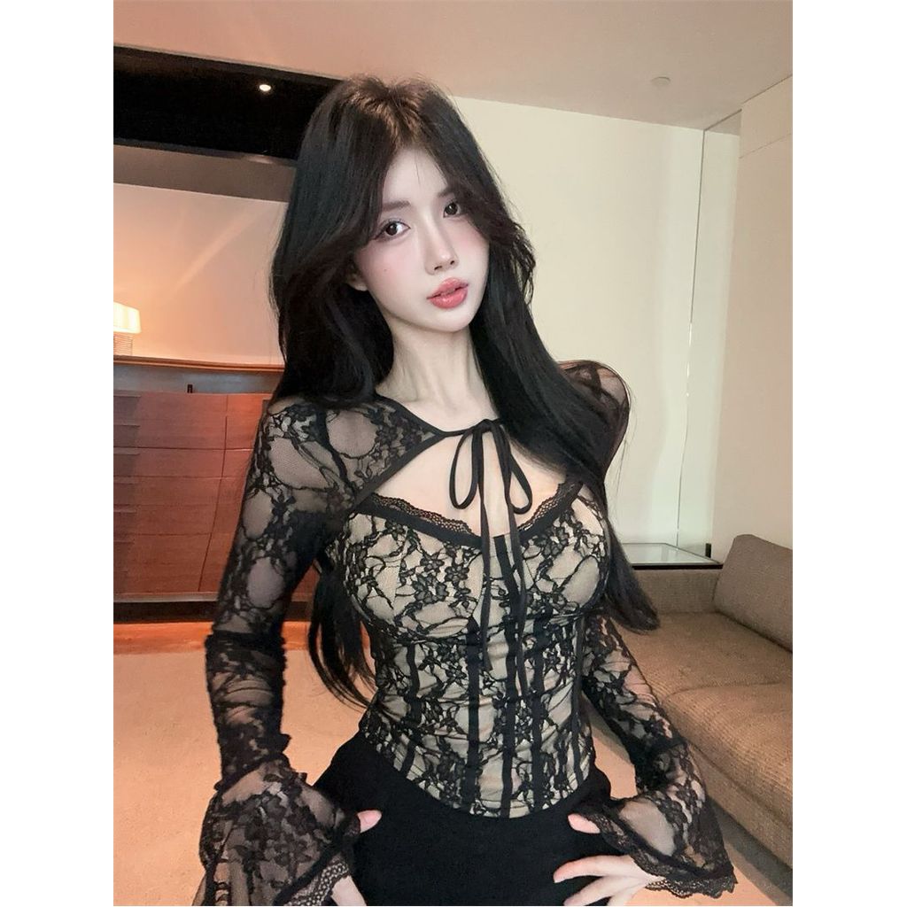 Áo sơ mi ren cổ vuông màu đen dành cho nữ, phong cách trưởng thành, bó sát