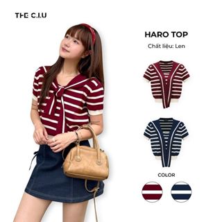   Áo len nữ cổ chữ V phối sọc THE C.I.U áo kiểu tay ngắn len mềm freesize dáng ngắn – Haro Top 