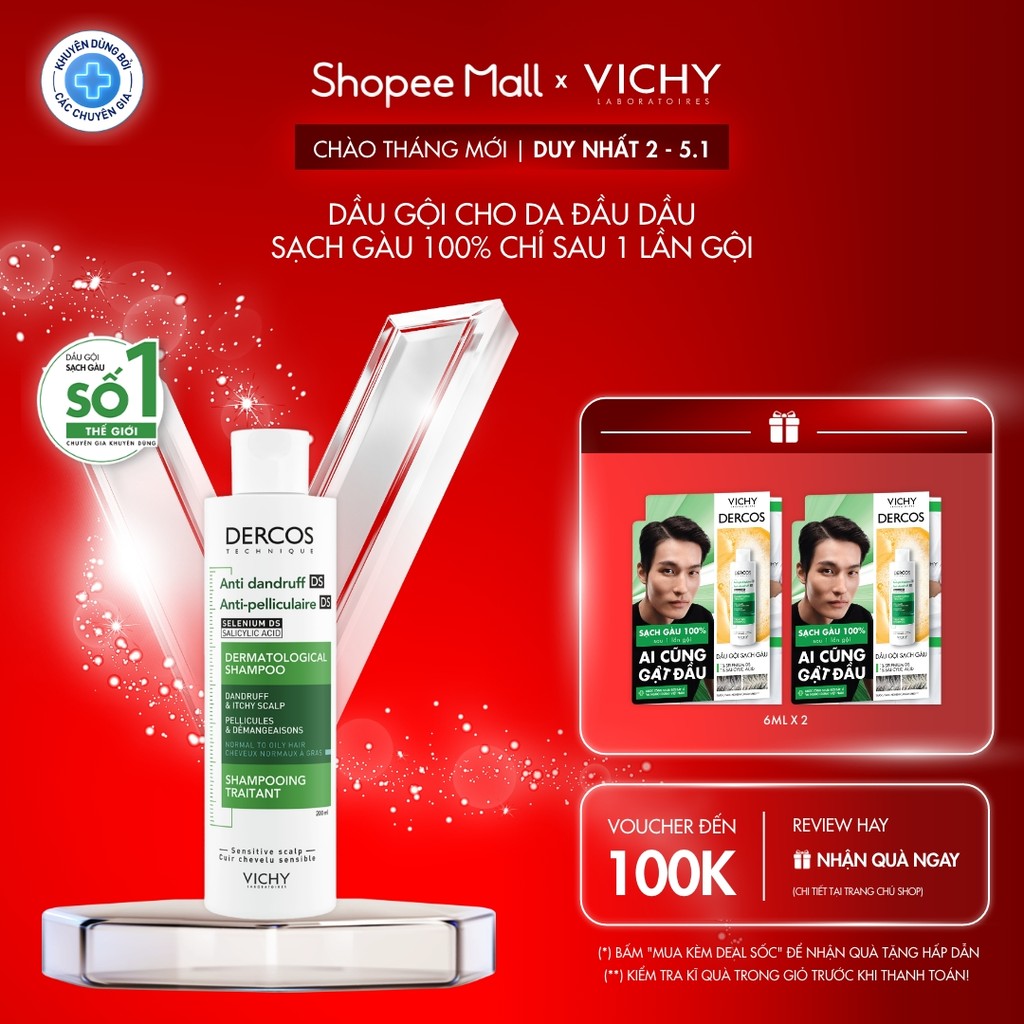  Dầu gội sạch gàu Dercos VICHY 100% chỉ sau 1 lần gội dành cho da dầu & ngứa SỐ 1 Việt Nam chuyên gia khuyên dùng 200ml 