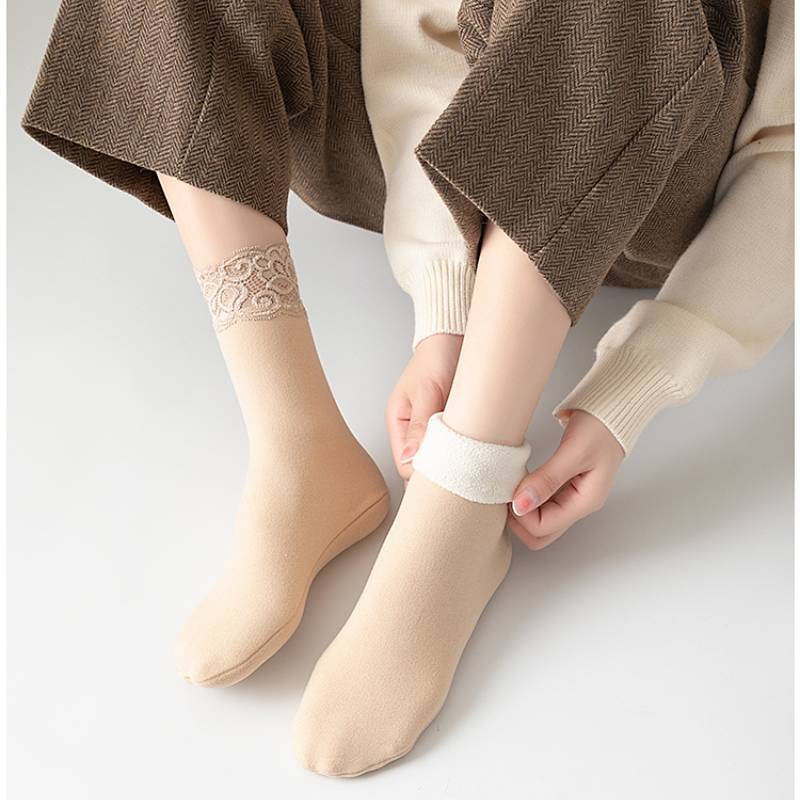 Socks Women's Mid Tube Stockings Autumn and Winter Dralon Warm Lace Socks Snow Socks Thick Loose Mou