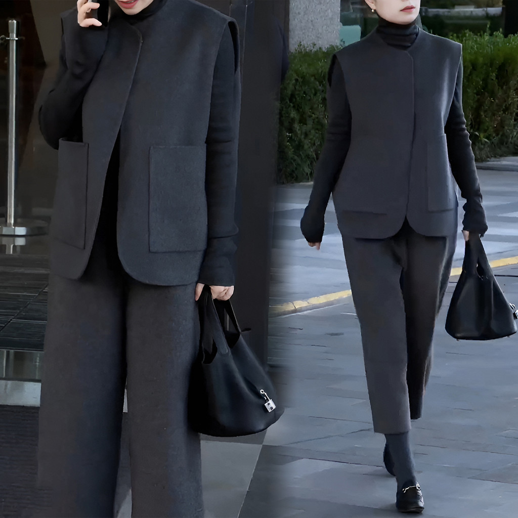 Bộ đồ thu đông Zhuzhu - Áo khoác len và vest kèm quần ống rộng, thiết kế tôn dáng.